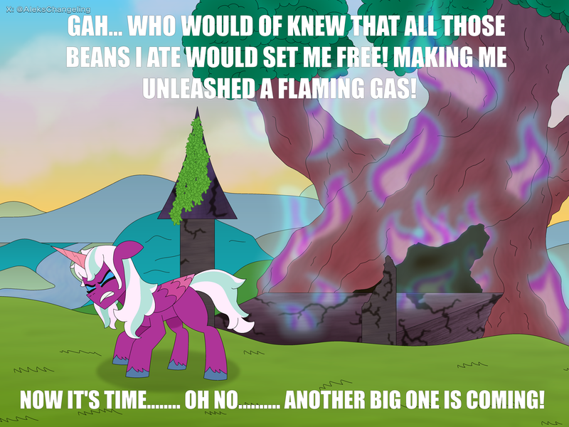 Size: 5600x4200 | Tagged: safe, artist:alejandrogmj, derpibooru import, edit, alicorn, pony, g5, antagonist, burning, destroyed, fart, fart joke, freedom, funny, funny as hell, gas, image, meme, opaline arcana, opaline's dark castle, png, prediction, tired, together tree, tree, what if