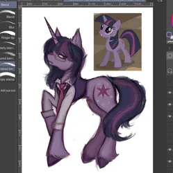 Size: 1192x1196 | Tagged: safe, artist:junniepiepoopop, artist:junnles, derpibooru import, twilight sparkle, pony, unicorn, button-up shirt, clothes, colored hooves, colored pinnae, dress shirt, ear fluff, ear piercing, earring, eye clipping through hair, female, fetlock tuft, frown, g4, glasses, horn, image, jewelry, jpeg, krita, lidded eyes, long legs, looing back, looking back, mare, necktie, piercing, pubic fluff, purple coat, purple eyes, raised hoof, shirt, solo, thin, twilight sparkle is not amused, unamused, unicorn twilight, vest, wip