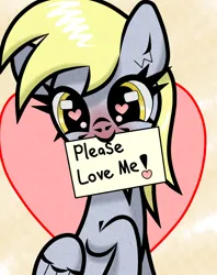 Size: 1000x1260 | Tagged: safe, artist:scandianon, derpibooru import, derpy hooves, pegasus, pony, blushing, female, folded wings, g4, heart, heart eyes, image, looking at you, mare, mouth hold, png, raised hoof, smiling, solo, text, wingding eyes, wings