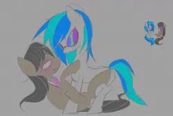 Size: 1172x786 | Tagged: safe, artist:ponykip, derpibooru import, octavia melody, vinyl scratch, pony, blue mane, blue tail, blushing, bowtie, colored sketch, duo, duo female, eye clipping through hair, eyebrows, eyebrows visible through hair, eyelashes, eyeshadow, female, g4, gray background, gray coat, gray mane, gray tail, hooves in air, image, jpeg, lesbian, long mane, long neck, long tail, looking at each other, looking at someone, makeup, mare, open mouth, pinned down, scratchtavia, shipping, simple background, sketch, smiling, tail, two toned mane, two toned tail, vinyl's glasses, white coat