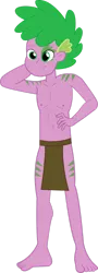 Size: 647x1800 | Tagged: safe, artist:crazybrothersstyler2, derpibooru import, spike, human, equestria girls, alternate timeline, barefoot, chrysalis resistance timeline, clothes, feet, g4, human spike, humanized, image, jungle boy, loincloth, male, male nipples, nipples, nudity, paint, partial nudity, png, simple background, smiling, solo, topless, transparent background, tribal markings