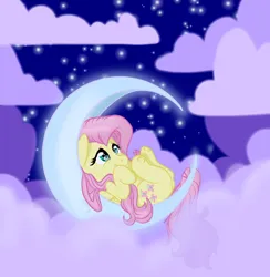Size: 1760x1805 | Tagged: safe, artist:flutterbug18, derpibooru import, fluttershy, pegasus, pony, cloud, crescent moon, cute, frog (hoof), g4, image, lying down, moon, night, night sky, on back, png, shyabetes, sky, smiling, solo, stars, tangible heavenly object, underhoof