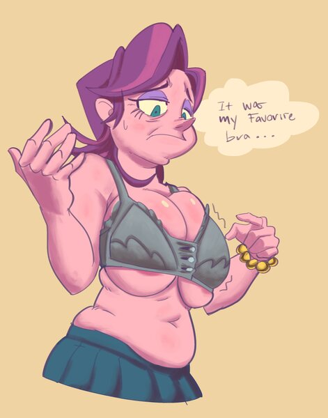 Size: 1833x2337 | Tagged: questionable, artist:lewdmcgill, derpibooru import, spoiled rich, human, equestria girls, areola, areola slip, belly button, big breasts, bra, bracelet, breast squish, breasts, busty spoiled rich, cleavage, clothes, disappointed, eyeshadow, female, frown, g4, image, jewelry, jpeg, looking down, makeup, milf, nudity, partial nudity, pudgy, simple background, skirt, solo, solo female, spoiled milf, straining clothes, sweat, sweatdrop, tan background, thought bubble, tight clothing, underwear