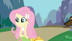 Size: 1920x1080 | Tagged: safe, artist:ocean lover, derpibooru import, fluttershy, human, python, snake, equestria girls, animated, backpack, blue eyes, butterfly hairpin, clothes, crossover, curious, day, disney, eyeshadow, forked tongue, frown, g4, gif, grass, grass field, hairpin, hand on face, image, kaa, link in description, looking at each other, looking at someone, makeup, mountain, mountain range, outdoors, path, pretty, purple eyeshadow, road, sky, tanktop, the jungle book, turning, video, youtube, youtube link, youtube video