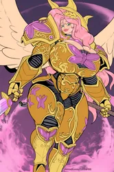 Size: 993x1500 | Tagged: suggestive, artist:lurkergg, derpibooru import, fluttershy, human, armor, big breasts, breasts, busty fluttershy, cleavage, female, huge breasts, humanized, image, looking at you, low angle, png, sanguinishy, sanguinius, smiling, smiling at you, solo, solo female, sword, thighs, thunder thighs, warhammer (game), warhammer 40k, weapon, wide hips