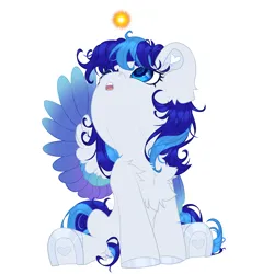 Size: 2500x2500 | Tagged: safe, alternate version, artist:medkit, derpibooru import, oc, oc:snowflake flower, unofficial characters only, pegasus, pony, blue eyes, blue mane, blue tail, cel shading, chest fluff, chibi, colored ear fluff, colored eyebrows, colored eyelashes, colored hooves, colored lineart, colored pupils, colored wings, colored wingtips, curious, ear fluff, ears up, eye clipping through hair, eyebrows, eyebrows visible through hair, eyelashes, eyes open, feathered wings, female, folded wing, fringe, full body, gradient wings, head up, heart ears, heart shaped, high res, hoof heart, horseshoes, image, leg fluff, lightly watermarked, long mane, long tail, looking at something, looking up, mare, multicolored wings, open mouth, paint tool sai 2, pegasus oc, png, shading, shoulder fluff, signature, simple background, sitting, solo, sphere, spread wings, sternocleidomastoid, tail, three quarter view, two toned mane, two toned tail, underhoof, wall of tags, watermark, white background, wings