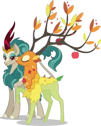 Size: 4531x5662 | Tagged: safe, artist:dragonchaser123, derpibooru import, edit, vector edit, rain shine, the great seedling, dryad, elk, kirin, going to seed, sounds of silence, absurd resolution, branches for antlers, creature, eyes closed, female, g4, image, interspecies, leonine tail, male, png, raised hoof, ship:shinling, shipping, simple background, smiling, straight, tail, transparent background, vector