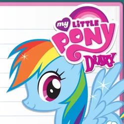 Size: 1024x1024 | Tagged: safe, derpibooru import, official, rainbow dash, pegasus, pony, app icon, diary, ekids, female, g4, image, kiddesigns, mare, my little pony diary, my little pony logo, png, smiling, solo, sparkles, spread wings, wings