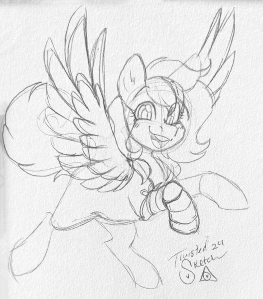 Size: 2069x2350 | Tagged: safe, artist:twisted-sketch, derpibooru import, oc, oc:snow kicker, pegasus, pony, amputee, female, image, mare, png, prosthetic leg, prosthetic limb, prosthetics, spread wings, traditional art, wings
