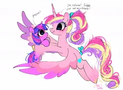 Size: 1024x752 | Tagged: safe, artist:petaltwinkle, derpibooru import, princess cadance, twilight sparkle, alicorn, pony, unicorn, big eyes, blushing, bow, carrying, colored eartips, colored hooves, colored wings, colored wingtips, dialogue, duo, duo female, eye clipping through hair, eyelashes, female, fetlock tuft, filly, filly twilight sparkle, flying, g4, hair bow, holding a pony, horn, image, jpeg, looking at each other, looking at someone, mare, messy mane, messy tail, multicolored mane, multicolored tail, multicolored wings, open mouth, pink coat, profile, purple coat, shiny hooves, signature, simple background, smiling, spread wings, straight mane, straight tail, sweat, sweatdrop, tail, tail bow, text, tied mane, tied tail, unicorn horn, unicorn twilight, white background, wingding eyes, wings, young cadance, younger