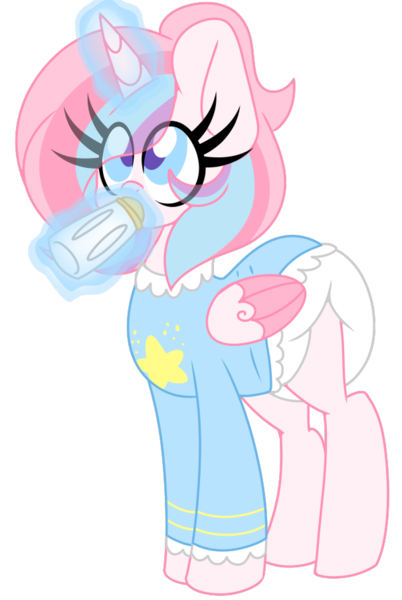 Size: 605x904 | Tagged: source needed, suggestive, artist:ladylullabystar, derpibooru import, oc, unofficial characters only, alicorn, pony, alicorn oc, baby bottle, clothes, diaper, diaper fetish, diapered, drink, drinking, eye clipping through hair, female, fetish, g4, horn, image, magic, mare, non-baby in diaper, png, poofy diaper, shirt, simple background, solo, telekinesis, transparent background, wings