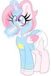 Size: 605x904 | Tagged: source needed, suggestive, artist:ladylullabystar, derpibooru import, oc, unofficial characters only, alicorn, pony, alicorn oc, baby bottle, clothes, diaper, diaper fetish, diapered, drink, drinking, eye clipping through hair, female, fetish, g4, horn, image, magic, mare, non-baby in diaper, png, poofy diaper, shirt, simple background, solo, telekinesis, transparent background, wings