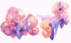 Size: 1800x1100 | Tagged: safe, artist:saresyrose3113, derpibooru import, oc, oc:primrose, unofficial characters only, pegasus, pony, bow, butt, eyes closed, eyeshadow, female, flower, flower in hair, image, looking back, makeup, mare, mole, plot, png, ponysona, ribbon, rose, simple background, smiling, solo, white background