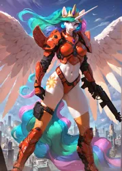 Size: 1000x1400 | Tagged: safe, ai content, derpibooru import, machine learning generated, prompter:star-dragon, stable diffusion, princess celestia, alicorn, anthro, armor, breasts, busty princess celestia, city, cyberpunk, fantasy, female, g4, generator:pony diffusion v6 xl, image, png, science fiction, solo, spread wings, weapon, wings