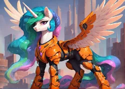 Size: 1400x1000 | Tagged: safe, ai content, derpibooru import, machine learning generated, prompter:star-dragon, stable diffusion, princess celestia, alicorn, pony, armor, city, cyberpunk, fantasy, female, g4, generator:pony diffusion v6 xl, image, png, science fiction, solo, spread wings, wings
