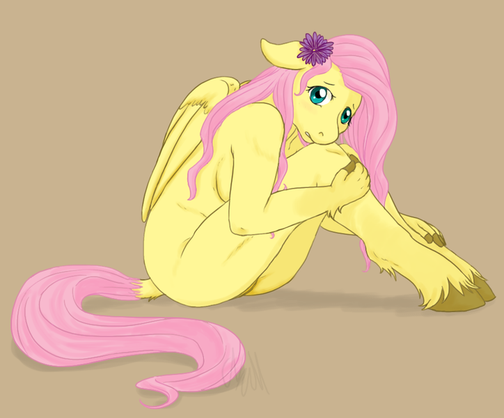 Size: 971x805 | Tagged: safe, artist:cartoonlion, derpibooru import, fluttershy, anthro, pegasus, flower, flower in hair, g4, image, png, sitting