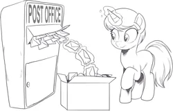 Size: 1469x941 | Tagged: safe, artist:nauyaco, derpibooru import, oc, pony, unicorn, box, female, horn, image, letter, mare, monochrome, png, solo