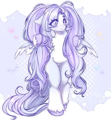 Size: 1512x1650 | Tagged: safe, artist:yumikivt, derpibooru import, oc, unofficial characters only, pegasus, pony, semi-anthro, abstract background, blue mane, blue tail, female, hooves, image, jpeg, mare, pegasus oc, purple eyes, purple hooves, purple mane, purple tail, smiling, solo, standing, tail, white coat, wings