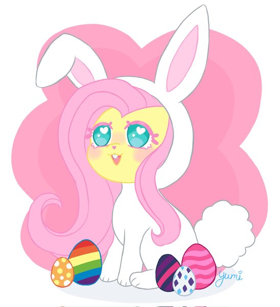 Size: 1871x2048 | Tagged: safe, artist:yumikivt, derpibooru import, fluttershy, pegasus, pony, rabbit, animal, animal costume, bunny costume, clothes, cosplay, costume, easter, easter egg, egg, female, holiday, image, jpeg, mare, open mouth, open smile, sitting, smiling, solo