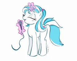 Size: 1611x1280 | Tagged: safe, artist:step2kissy, derpibooru import, oc, unofficial characters only, earth pony, pony, blue mane, blue tail, eyes closed, image, jpeg, magic, microphone, simple background, smiling, solo, tail, white background, white coat, white mane, white tail