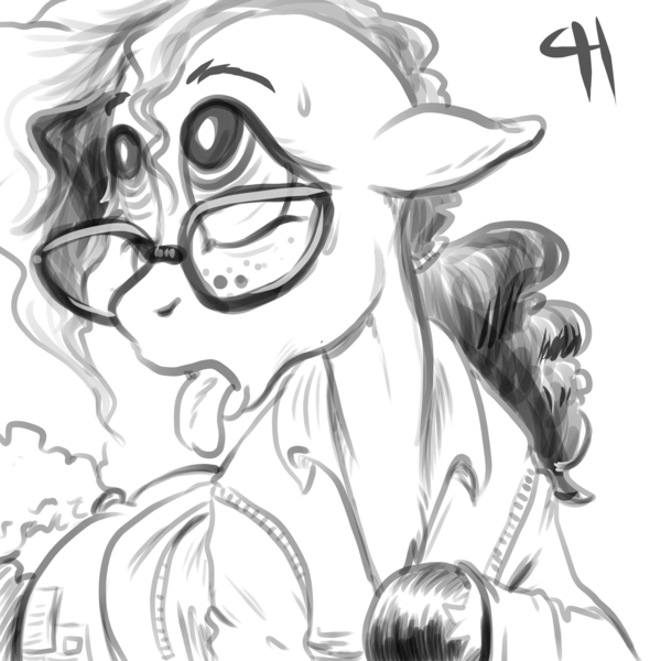 Size: 2808x2856 | Tagged: questionable, artist:capt_hairball, derpibooru import, frazzle rock, earth pony, black and white, clothes, curly mane, floppy ears, freckles, glasses, grayscale, hoof hold, hypno eyes, hypnosis, image, looking up, monochrome, png, solo, sweat, sweatdrop, tongue out, undressing