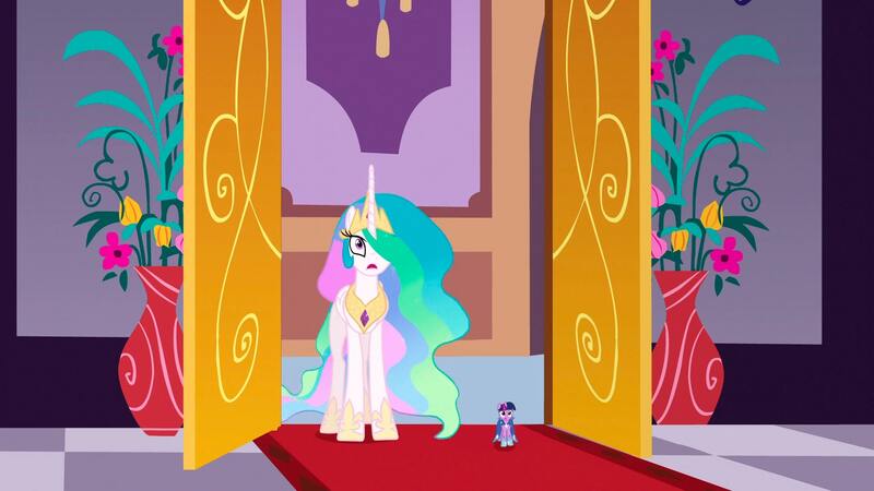 Size: 1920x1080 | Tagged: safe, derpibooru import, edit, edited screencap, editor:pashkek, screencap, princess celestia, twilight sparkle, alicorn, pony, unicorn, the best night ever, clothes, dress, g4, gala dress, horn, image, jpeg, tiny, tiny ponies