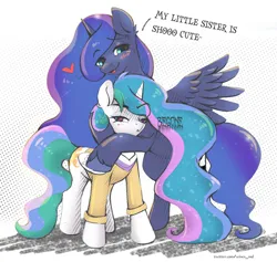 Size: 2400x2279 | Tagged: safe, artist:mdwines, derpibooru import, princess celestia, princess luna, alicorn, pony, age swap, commission, duo, duo female, female, feral, funny, hug, image, png, role reversal, siblings, sisters, sketch, speech bubble, text
