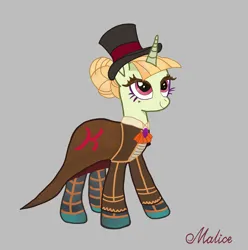 Size: 2480x2500 | Tagged: safe, artist:malice-may, derpibooru import, oc, oc:kapital idea, unofficial characters only, unicorn, antagonist, cape, clothes, female, g4, gray background, hat, horn, image, png, simple background, solo, top hat, unicorn oc