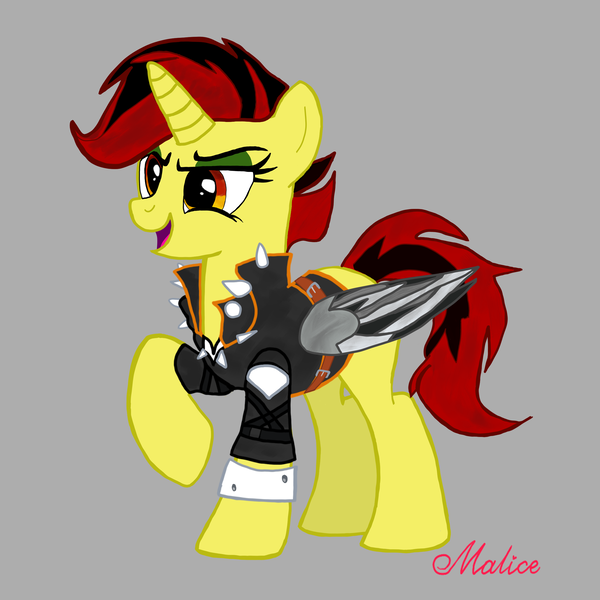 Size: 2381x2381 | Tagged: safe, artist:malice-may, derpibooru import, oc, pony, unicorn, antagonist, artificial wings, augmented, bracelet, clothes, evil, evil grin, female, female oc, g4, grin, horn, image, jacket, jewelry, leather, leather jacket, mare, png, punk, smiling, unicorn oc, villainess, weapon, wings