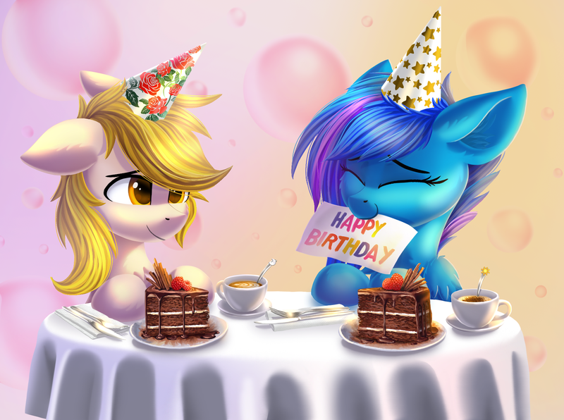 Size: 2000x1491 | Tagged: safe, artist:atlas-66, derpibooru import, oc, oc:skyshade blue, oc:sparklingfire, unofficial characters only, earth pony, pegasus, pony, birthday, birthday cake, cake, duo, earth pony oc, food, image, pegasus oc, png, wings