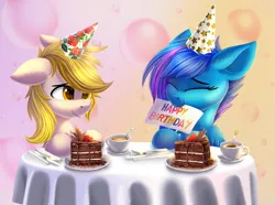 Size: 2000x1491 | Tagged: safe, artist:atlas-66, derpibooru import, oc, oc:skyshade blue, oc:sparklingfire, unofficial characters only, earth pony, pegasus, pony, birthday, birthday cake, cake, duo, earth pony oc, food, image, pegasus oc, png, wings