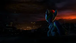 Size: 3840x2160 | Tagged: safe, artist:argodaemon, derpibooru import, rainbow dash, dragon, pegasus, pony, fanfic:austraeoh, 3d, city, facing away, female, folded wings, g4, high res, image, mare, night, night sky, outdoors, png, ruins, sky, solo, source filmmaker, story included, tail, video in description, wings