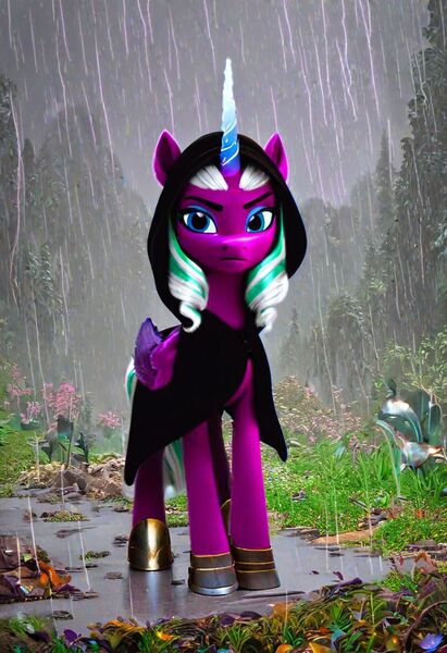 Size: 832x1216 | Tagged: safe, ai content, derpibooru import, machine learning generated, prompter:westrail642fan, stable diffusion, alicorn, pony, g5, my little pony: make your mark, cloak, clothes, female, generator:pony diffusion v6 xl, hood, image, jpeg, mare, opaline arcana, rain, solo, solo female, wings
