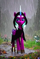 Size: 832x1216 | Tagged: safe, ai content, derpibooru import, machine learning generated, prompter:westrail642fan, stable diffusion, alicorn, pony, g5, my little pony: make your mark, cloak, clothes, female, generator:pony diffusion v6 xl, hood, image, jpeg, mare, opaline arcana, rain, solo, solo female, wings