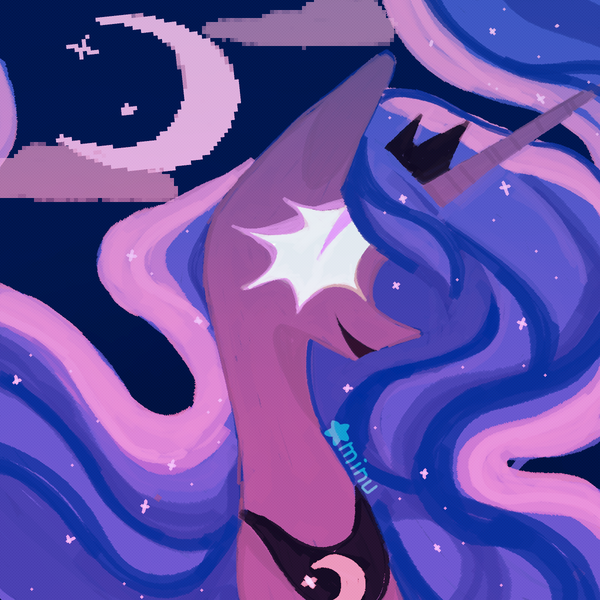 Size: 1200x1200 | Tagged: safe, artist:rinkitodo, derpibooru import, princess luna, alicorn, pony, bust, cloud, colored eyelashes, colored pinnae, colored pupils, crescent moon, crown, ethereal mane, female, g4, horn, image, jewelry, limited palette, lineless, long horn, long neck, looking up, mare, moon, multicolored mane, night, open mouth, open smile, peytral, png, profile, purple coat, regalia, signature, slit pupils, smiling, solo, starry mane, stars, thin, tiara, wavy mane
