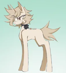 Size: 1012x1109 | Tagged: safe, artist:rinkitodo, derpibooru import, oc, oc:latte, unofficial characters only, pony, unicorn, beige coat, blonde mane, blonde tail, brown eyes, colored pinnae, countershading, eye clipping through hair, female, frown, gradient background, horn, image, long legs, mare, messy mane, messy tail, narrowed eyes, neck ribbon, png, ribbon, short mane, short tail, signature, tail, thin legs, unicorn oc, watermark, wingding eyes
