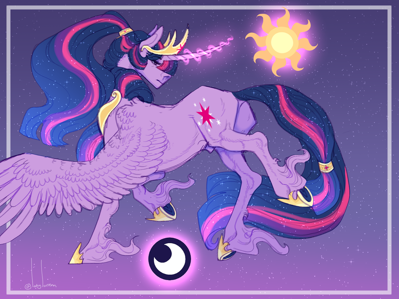 Size: 1333x1000 | Tagged: safe, artist:snowberry, derpibooru import, twilight sparkle, twilight sparkle (alicorn), alicorn, pony, abstract background, alternate design, butt, colored sketch, crown, curved horn, cutie mark, dock, dusk shine, ethereal mane, frog (hoof), g4, gold, hair tie, hairstyle, horn, image, jewelry, long hair, long hair male, magic, male, moon, png, pose, prince dusk, realistic anatomy, realistic horse legs, rear view, regalia, rule 63, signature, sketch, solo, solo male, sparkles, spread wings, stallion, sun, tail, telekinesis, trotting, underhoof, unshorn fetlocks, wings