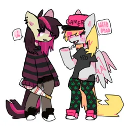 Size: 1280x1280 | Tagged: safe, artist:pxunii, derpibooru import, derpy hooves, oc, earth pony, pegasus, pony, semi-anthro, alcohol, bipedal, blunt, cap, clothes, drink, drugs, duo, ear piercing, earring, fangs, hat, holding, image, jewelry, leggings, marijuana, open mouth, open smile, piercing, png, shirt, shoes, simple background, smiling, sneakers, speech bubble, standing, striped sweater, sweater, t-shirt, weed lmao, white background
