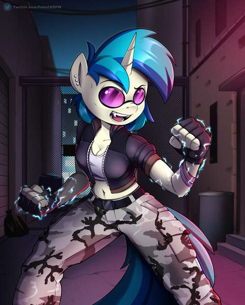 Size: 4300x5368 | Tagged: safe, artist:felixf, derpibooru import, vinyl scratch, anthro, undead, unicorn, vampire, vampony, breasts, busty vinyl scratch, cleavage, clothes, ear piercing, electricity, female, fingerless gloves, gloves, horn, image, piercing, png, solo, solo female, vampire the masquerade