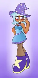 Size: 584x1200 | Tagged: safe, artist:ru, derpibooru import, trixie, human, boots, clothes, dress, female, g4, hand on hip, hat, humanized, image, jpeg, looking at you, moderate dark skin, shoes, signature, solo, trixie's hat