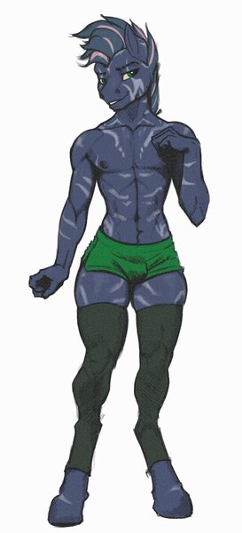 Size: 1500x3300 | Tagged: suggestive, artist:rizzyofen, derpibooru import, oc, oc:rizzy stripe, unofficial characters only, anthro, unguligrade anthro, zebra, abs, anthro oc, clothes, image, jpeg, leggings, male nipples, muscles, nipples, nudity, shorts, simple background, smiling, smirk, socks, solo, stockings, thigh highs, thighs, twink, white background, zebra oc