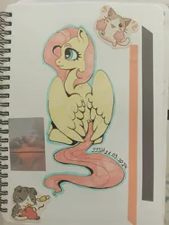 Size: 1622x2160 | Tagged: safe, artist:jjsh, derpibooru import, fluttershy, pegasus, pony, countershading, cute, cute face, female, g4, image, jpeg, mare, pink hair, pink mane, sitting, solo, solo focus, sticker, tail, traditional art, turned away, turned head, wings
