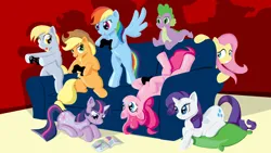 Size: 1920x1080 | Tagged: safe, artist:alberioorion, derpibooru import, applejack, derpy hooves, fluttershy, pinkie pie, rainbow dash, rarity, spike, twilight sparkle, earth pony, pegasus, unicorn, applejack's hat, controller, couch, cowboy hat, hat, horn, image, lying down, mane six, pillow, png, standing on two hooves, unicorn twilight, upside down, video game