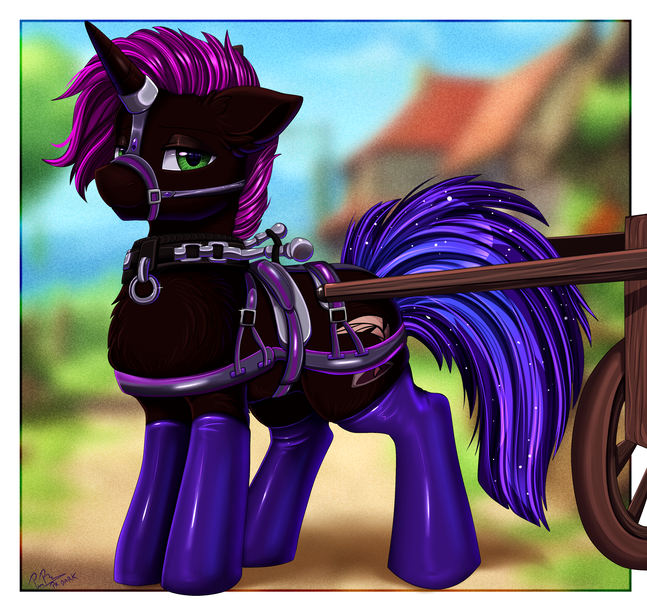 Size: 3418x3172 | Tagged: suggestive, artist:pridark, derpibooru import, oc, pony, unicorn, bondage, bridle, clothes, collar, harness, horn, horn ring, image, jewelry, latex, latex socks, male, permanent, permanent bondage, png, ring, service, slave, socks, stallion, tack