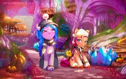 Size: 1754x1100 | Tagged: safe, artist:frank3dz, derpibooru import, izzy moonbow, sunny starscout, earth pony, pony, unicorn, g5, beautiful, bridlewood, clothes, colored eyebrows, cute, duo, duo female, eyebrows, female, gem, hat, horn, horn impalement, image, looking at someone, mane stripe sunny, mare, open mouth, outdoors, png, pumpkin, scarf, scenery, scenery porn, sitting, smiling, unshorn fetlocks