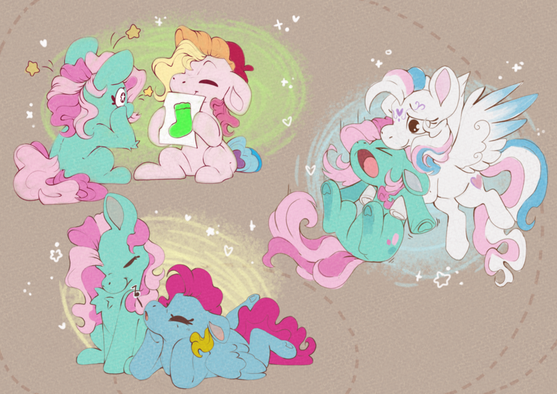 Size: 5613x3969 | Tagged: safe, artist:cutepencilcase, derpibooru import, minty, star catcher, starsong, thistle whistle, earth pony, pegasus, pony, g3, absurd resolution, carrying, chest fluff, drawing, elbow fluff, eyes closed, flying, heart, image, lying down, music notes, open mouth, png, prone, scared, simple background, sitting, sock, sparkles, starry eyes, stars, tan background, toola-roola, whistling, wingding eyes