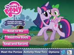 Size: 1024x768 | Tagged: safe, derpibooru import, spike, twilight sparkle, dragon, pony, unicorn, duo, duo male and female, fangs, female, flower, g4, game screencap, horn, image, male, mare, menu, my little pony logo, my little pony: twilight sparkle teacher for a day, open mouth, open smile, outdoors, png, riding, riding a pony, ruckus media group, smiling, spike riding twilight, tail, unicorn twilight