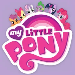 Size: 1024x1024 | Tagged: safe, derpibooru import, official, apple bloom, pinkie pie, scootaloo, spike, sweetie belle, twilight sparkle, dragon, earth pony, pegasus, pony, unicorn, app icon, apple bloom's bow, bow, cutie mark crusaders, female, filly, foal, g4, hair bow, horn, image, looking at you, male, mare, my little pony ebooks + comics, my little pony logo, open mouth, open smile, png, purple background, ruckus media group, simple background, smiling, spread wings, tail, unicorn twilight, wings