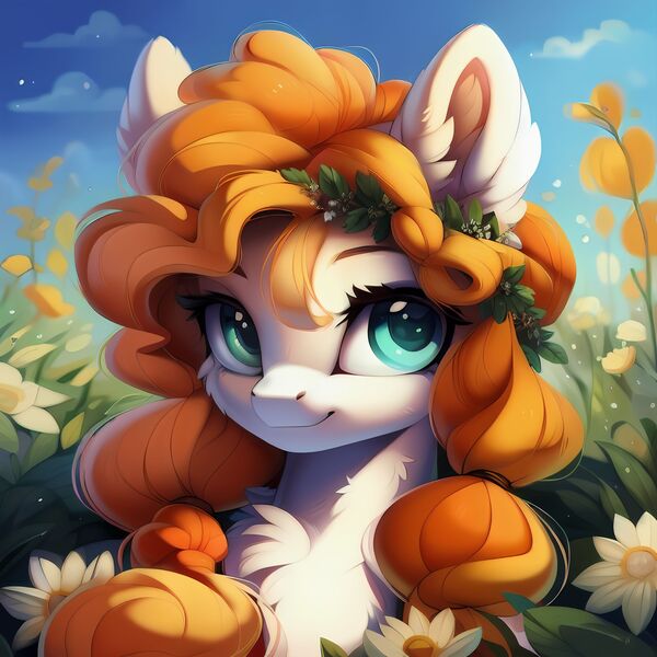 Size: 3072x3072 | Tagged: safe, ai content, derpibooru import, machine learning generated, prompter:seashell, stable diffusion, pear butter, earth pony, pony, bust, chest fluff, ear fluff, female, flower, g4, image, jpeg, looking at you, mare, nature, outdoors, portrait, smiling, smiling at you, solo