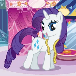Size: 512x512 | Tagged: safe, derpibooru import, official, rarity, pony, unicorn, app icon, carousel boutique, female, g4, horn, image, indoors, looking at you, mare, measuring tape, my little pony: rarity loves fashion, open mouth, open smile, png, ruckus media group, smiling, solo, tail